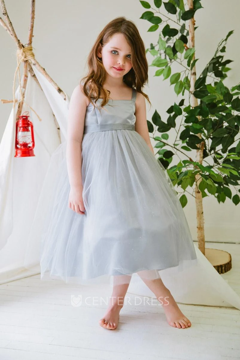 Tea-Length Spaghetti Empire Tiered Tulle&Satin Flower Girl Dress