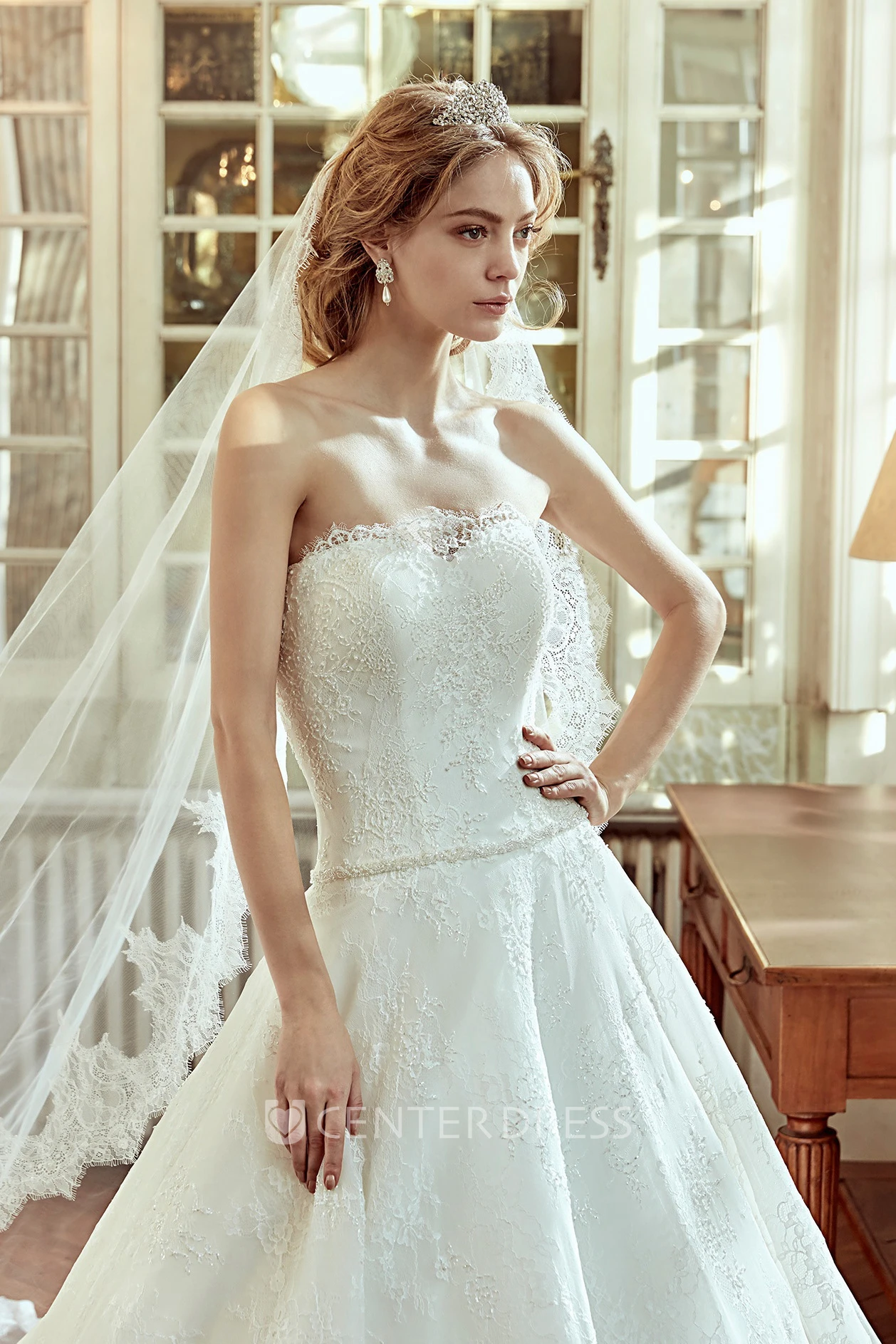 Strapless Waist-Draping Lace Wedding Dress With Court Train And Appliques