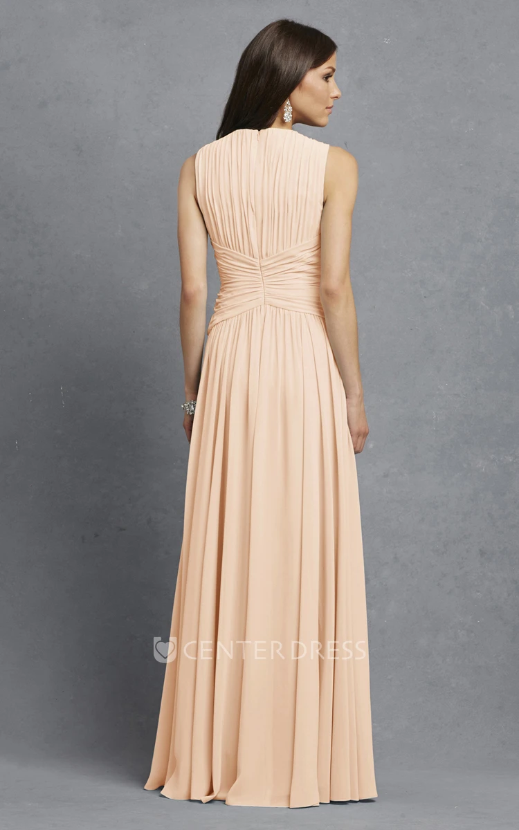 Sleeveless Chiffon V-Neck Dress With Crisscross Ruching