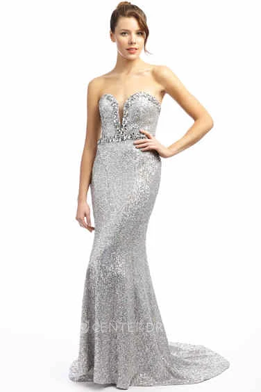 Sheath Sweetheart Beaded Floor-Length Sleeveless Sequins Prom Dress