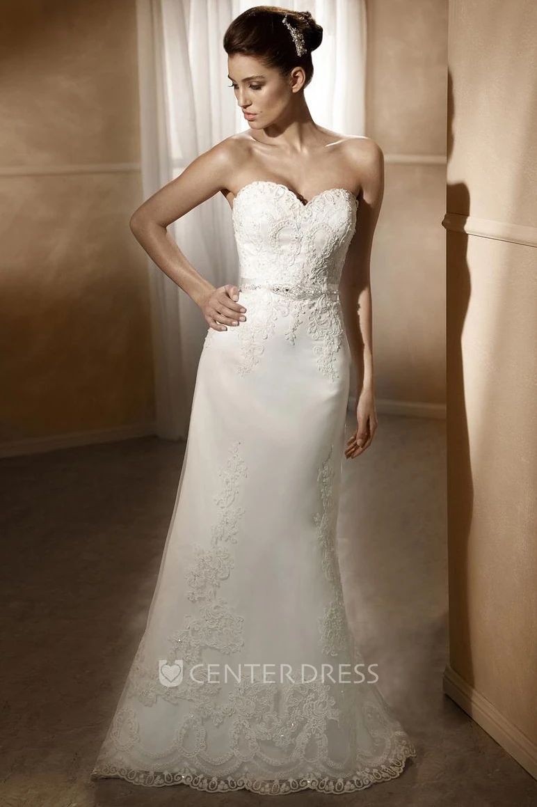 Sheath Maxi Sweetheart Jeweled Lace Spring Wedding Dress With Appliques And V Back