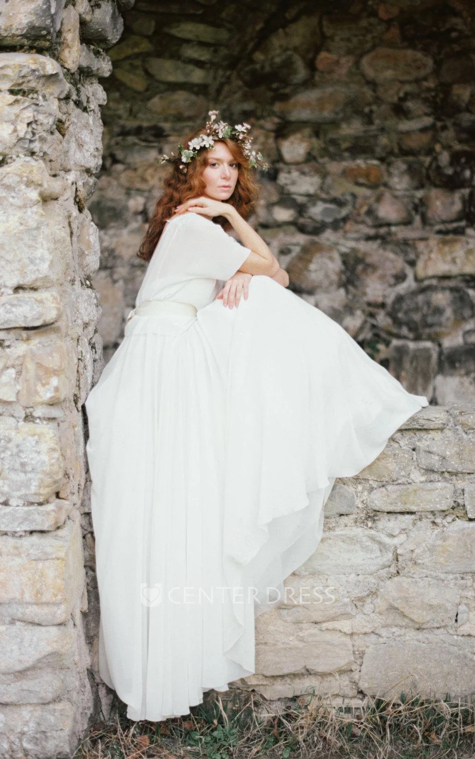 Boho Non-Corset A-Line Chiffon Wedding Dress With Pleats