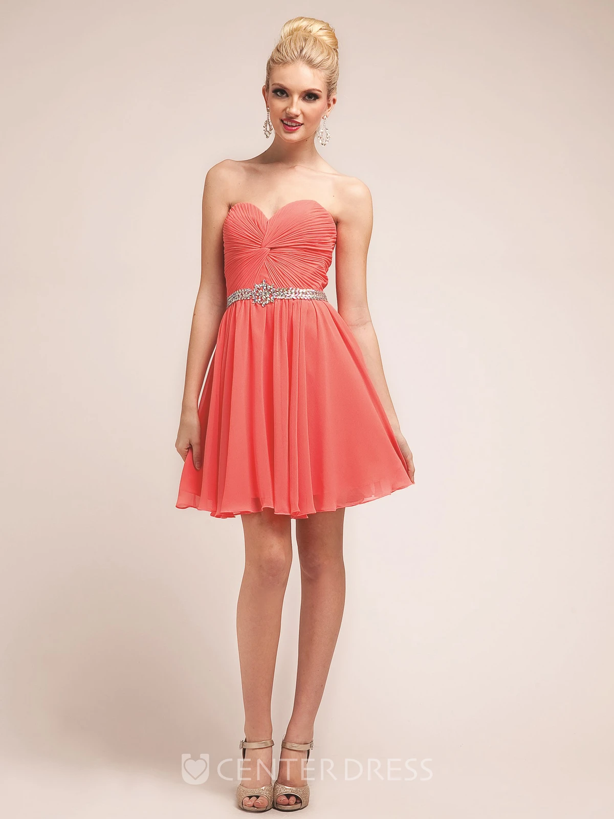 A-Line Short Sweetheart Chiffon Dress With Criss Cross And Waist Jewellery