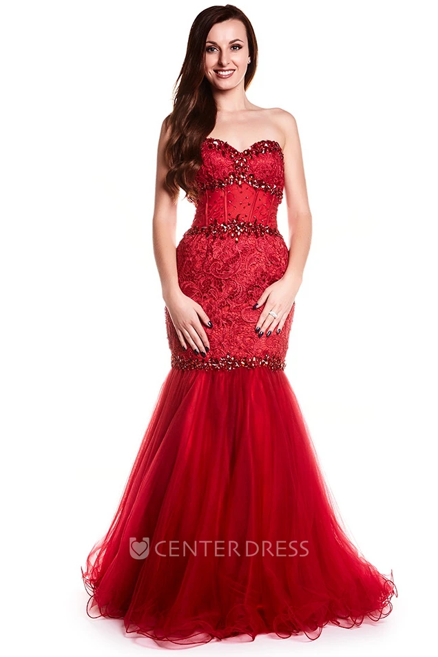 Mermaid Crystal Sweetheart Sleeveless Floor-Length Tulle&Lace Prom Dress With Backless Style And Appliques