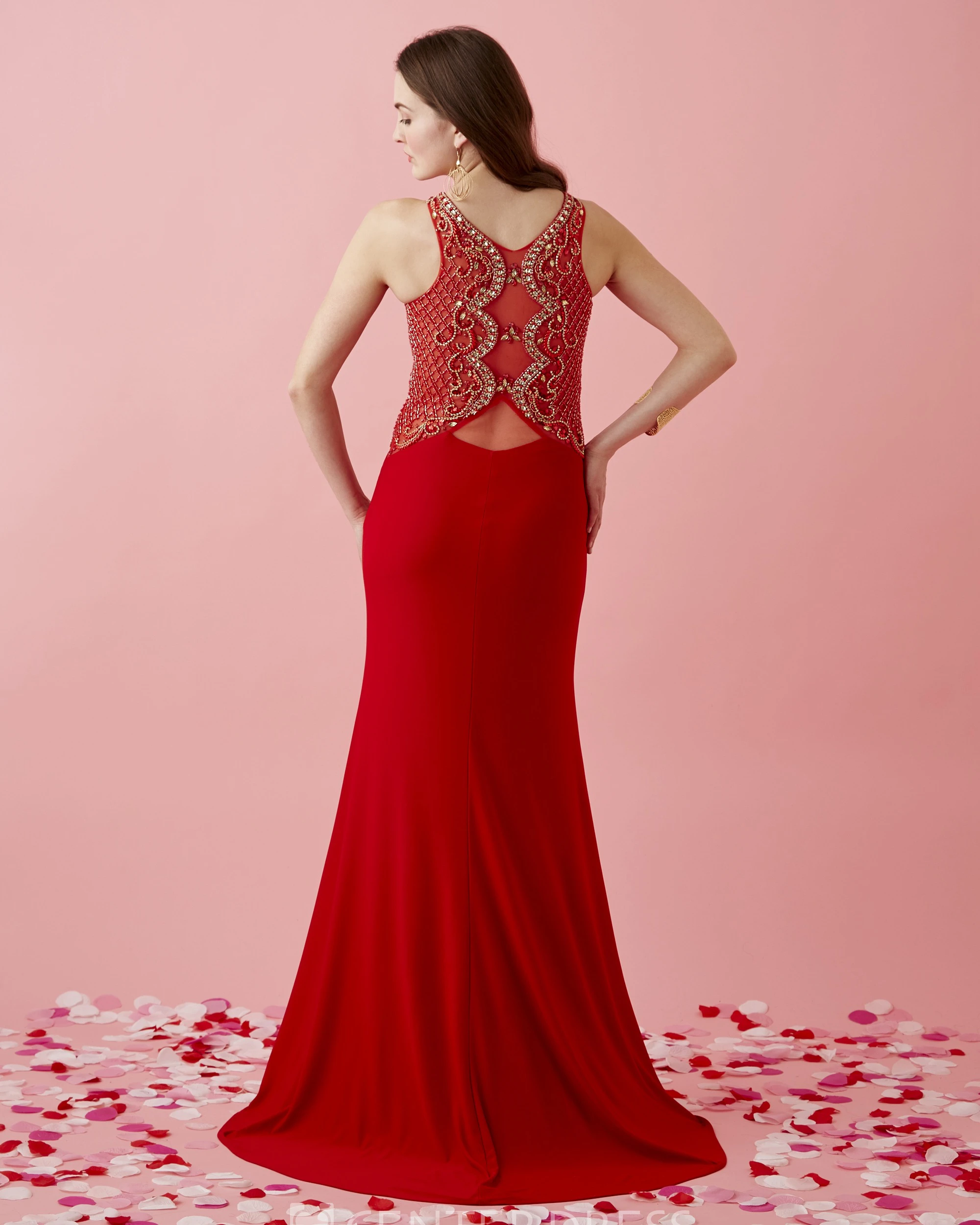 Sheath Scoop-Neck Sleeveless Jersey Illusion Dress With Split Front And Appliques