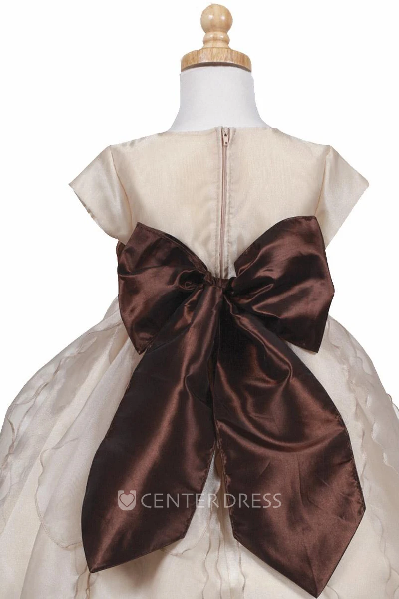 Tiered Cap-Sleeve Organza&Taffeta Flower Girl Dress