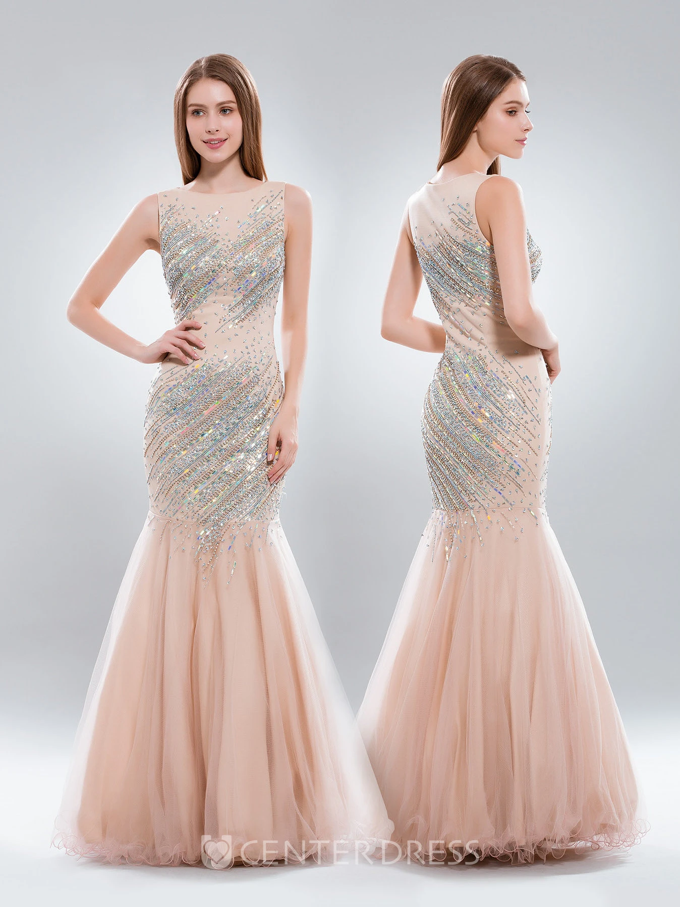 Mermaid Long Scoop-Neck Sleeveless Tulle Dress With Beading And Ruffles