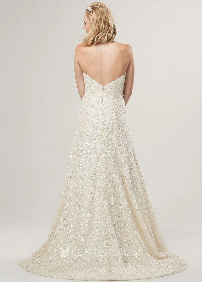 A-Line Strapless Long Sleeveless Sequins Wedding Dress