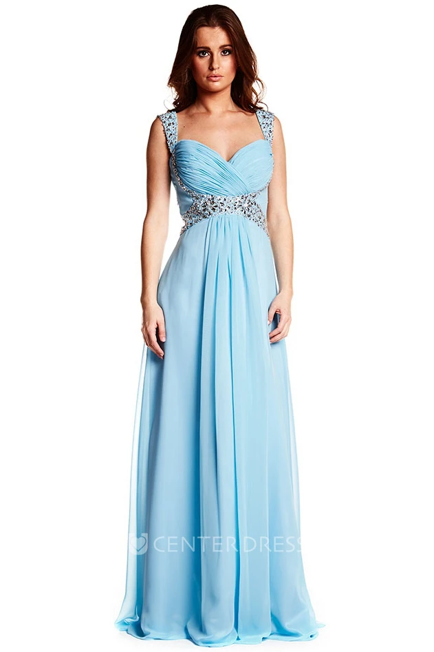 Sleeveless Strapped Criss-Cross Chiffon Prom Dress With Beading