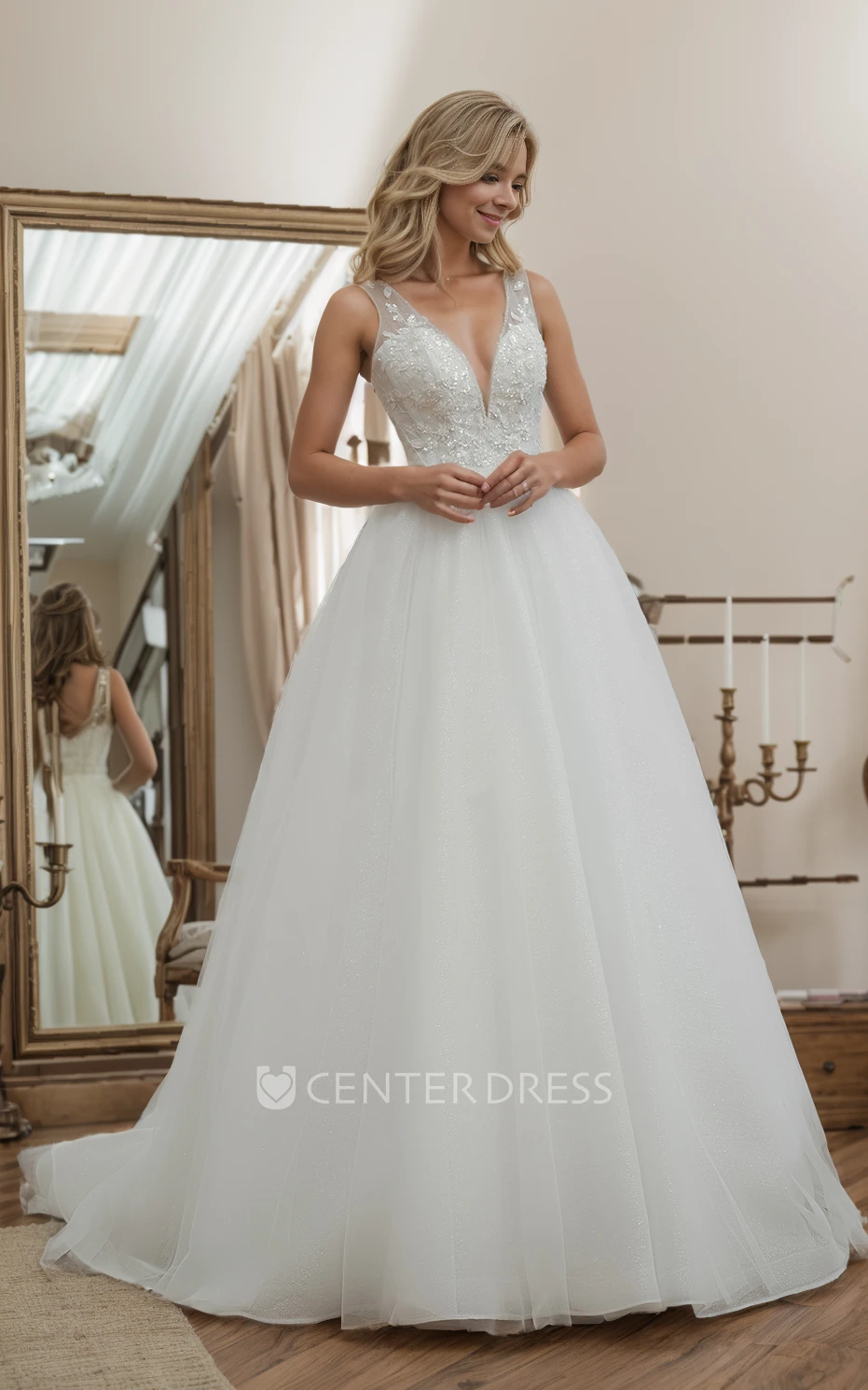 Princess Floral A-Line Boho Lace Glitter Tulle Appliques Ball-Gown Wedding Dress Ethereal Elegant Sequins Beaded Wide Strap Bridal Gown with Train