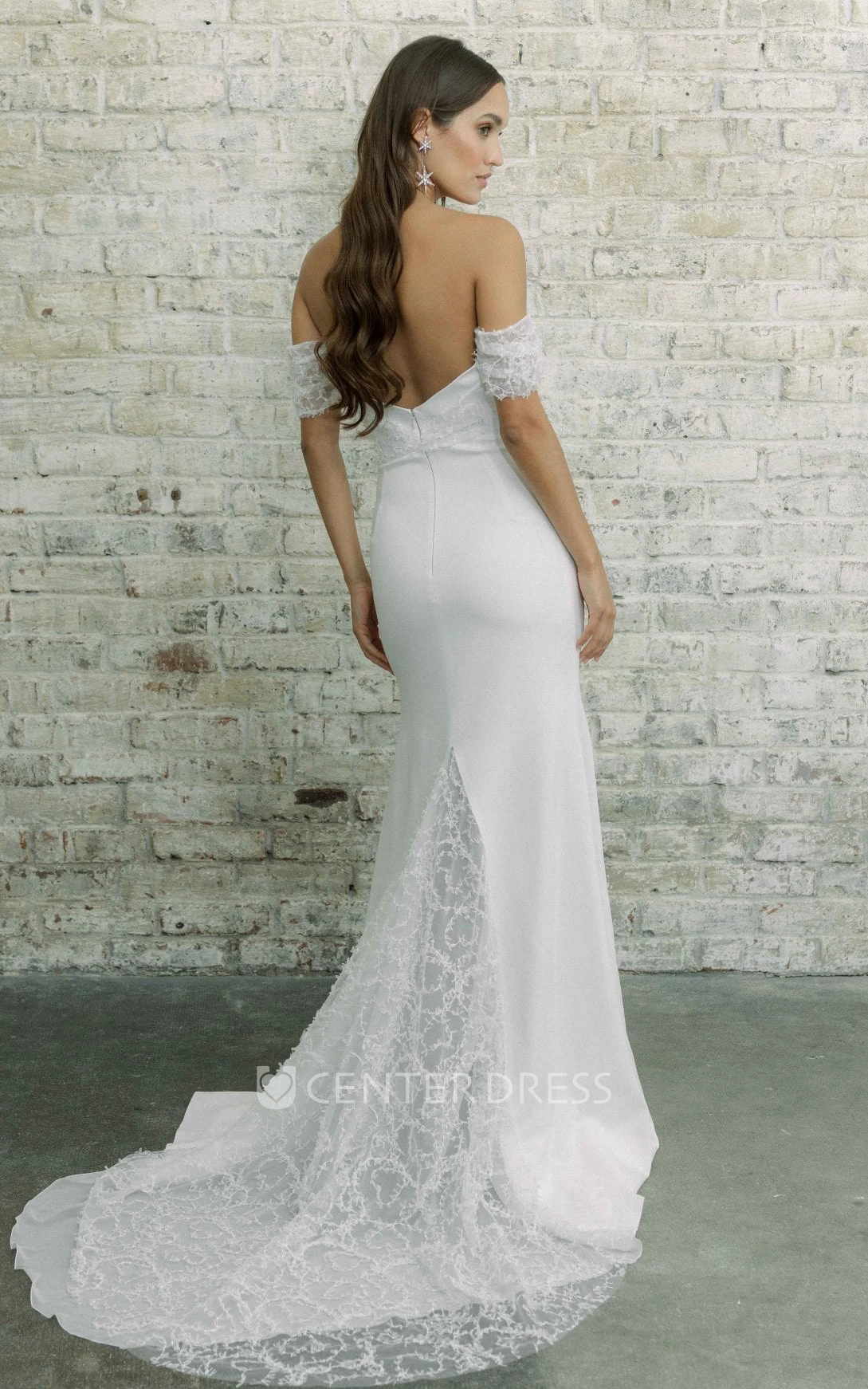Satin Off-the-shoulder Sheath Sleeveless Floor-length Open Back Wedding Dress With Lace