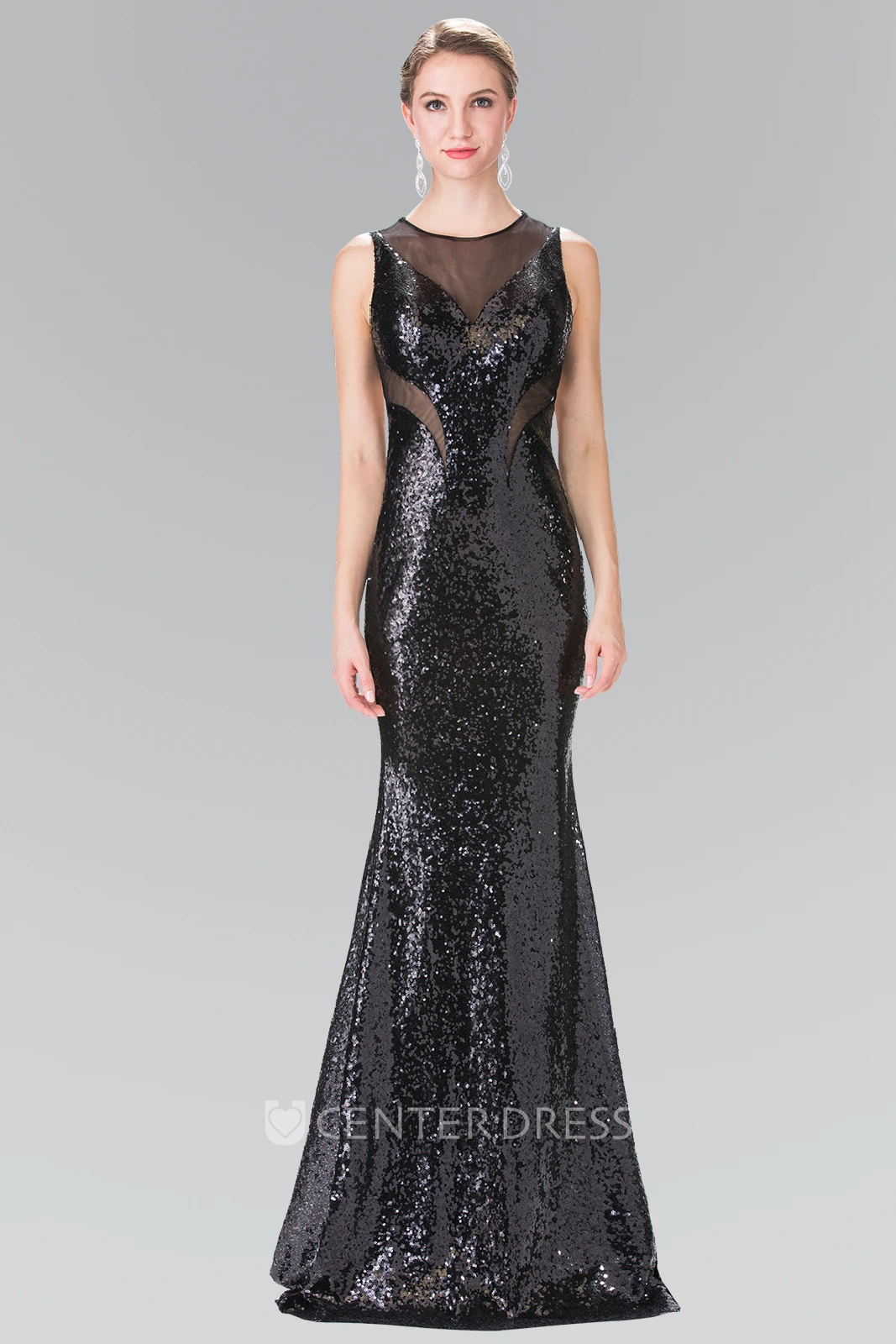 Sheath Long Jewel-Neck Sleeveless Sequins Keyhole Dress