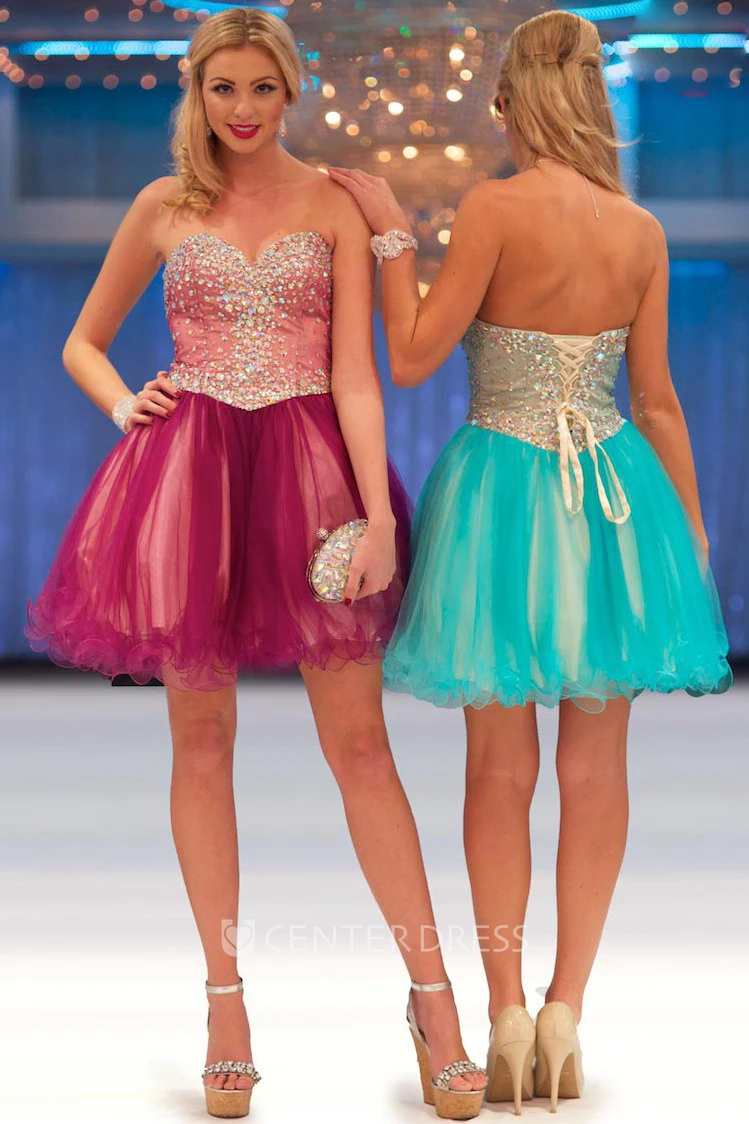 A-Line Short Strapless Beaded Tulle Prom Dress With Lace-Up