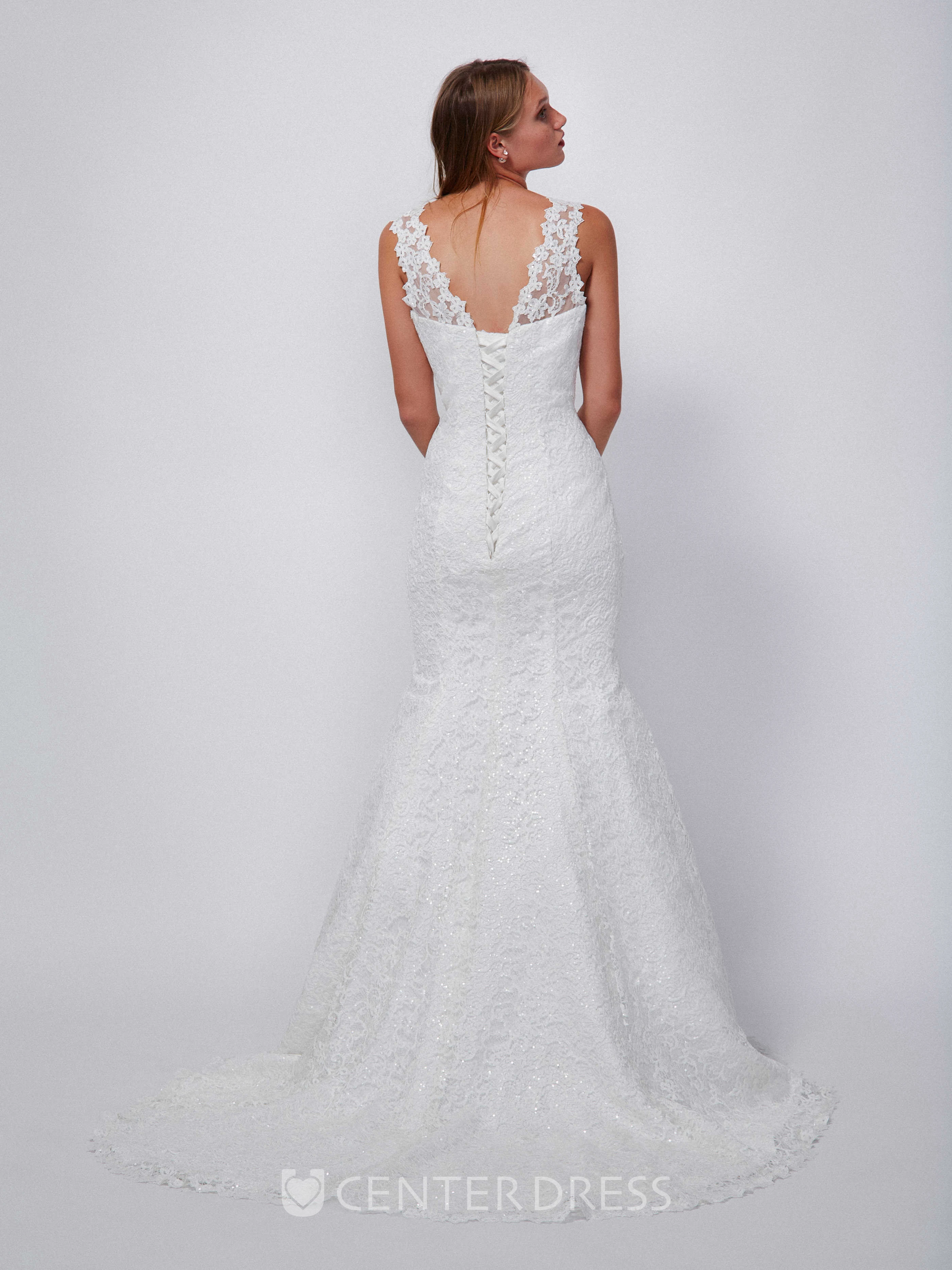 Trumpet Long Square-Neck Sleeveless Lace Wedding Dress