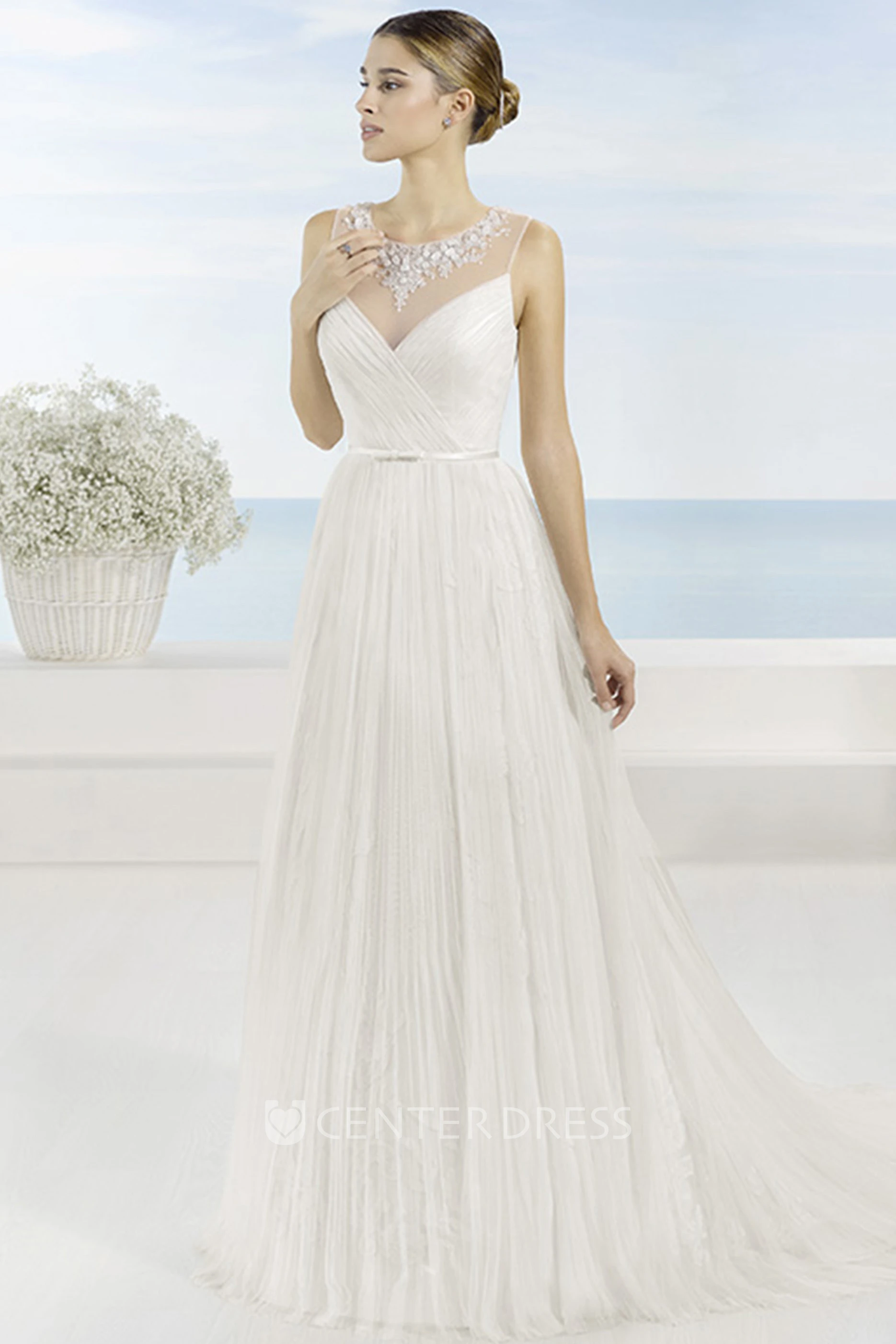 A-Line Floor-Length Scoop Beaded Sleeveless Tulle Wedding Dress With Pleats And Illusion Back