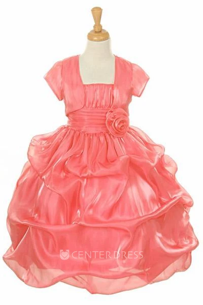 Tea-Length Spaghetti Ruched Bolero Organza&Satin Flower Girl Dress With Pick Up
