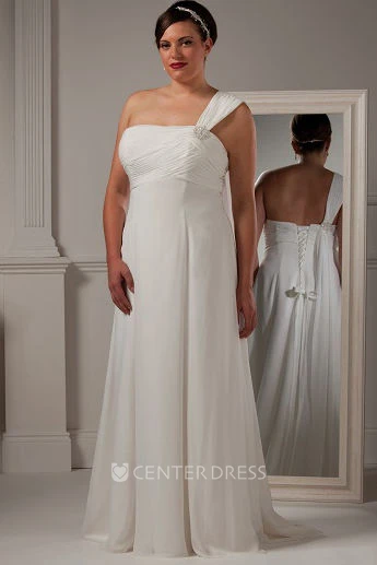 One Shoulder A-Line Bridal Gown With Crystal And Lace Up