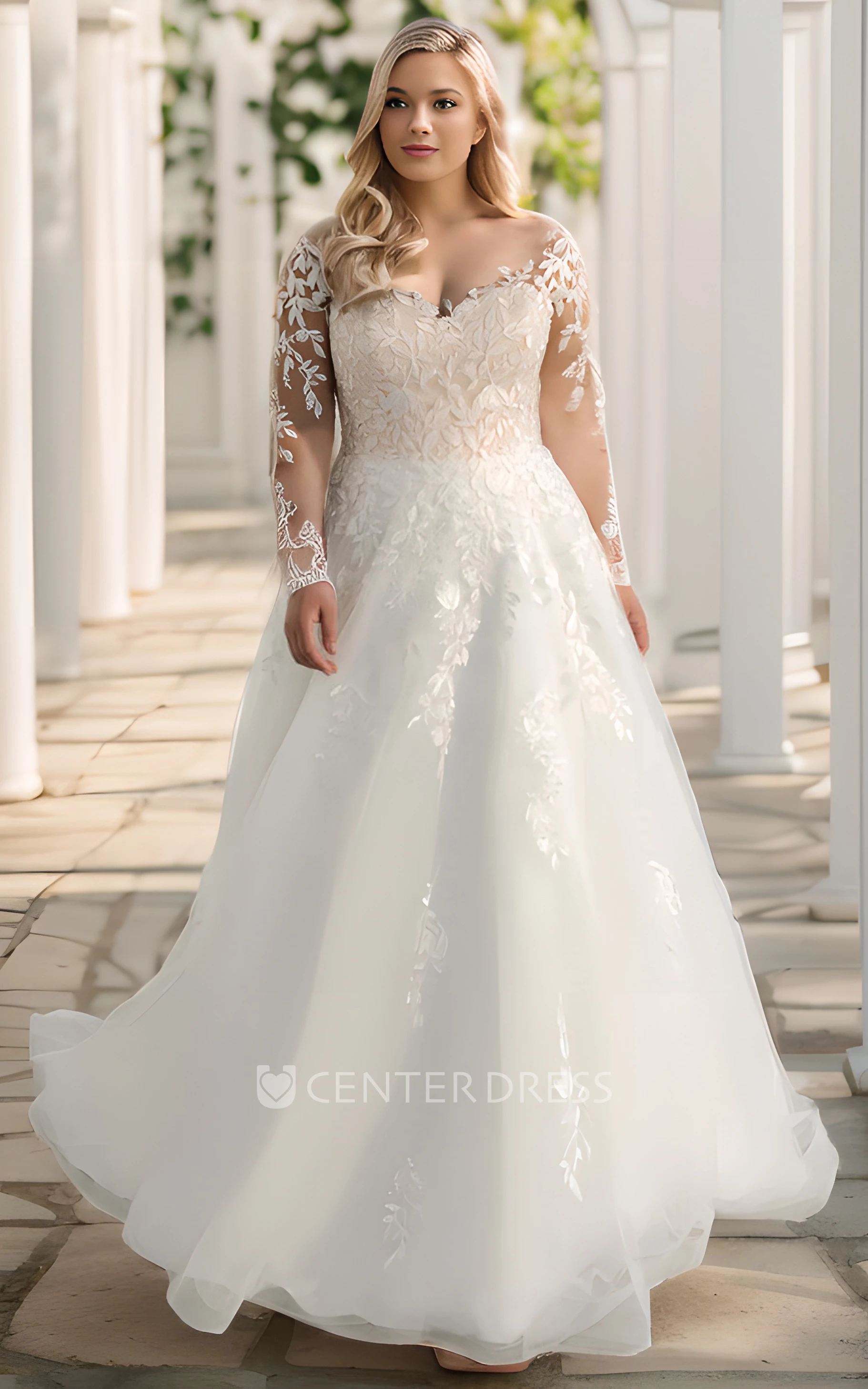 Sexy A-Line Sweetheart Neckline Plus Size Wedding Dress with Sweep Train  Long Sleeve - UCenter Dress