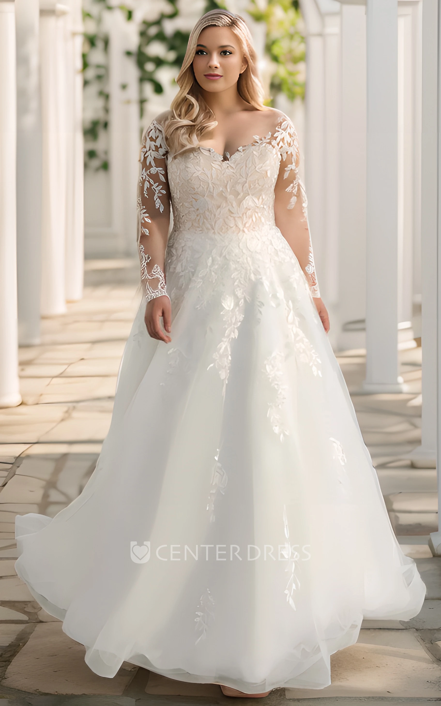 V-Neck Illusion Long Sleeve A-Line Satin Appliqued Plus Size Wedding Dress  - UCenter Dress