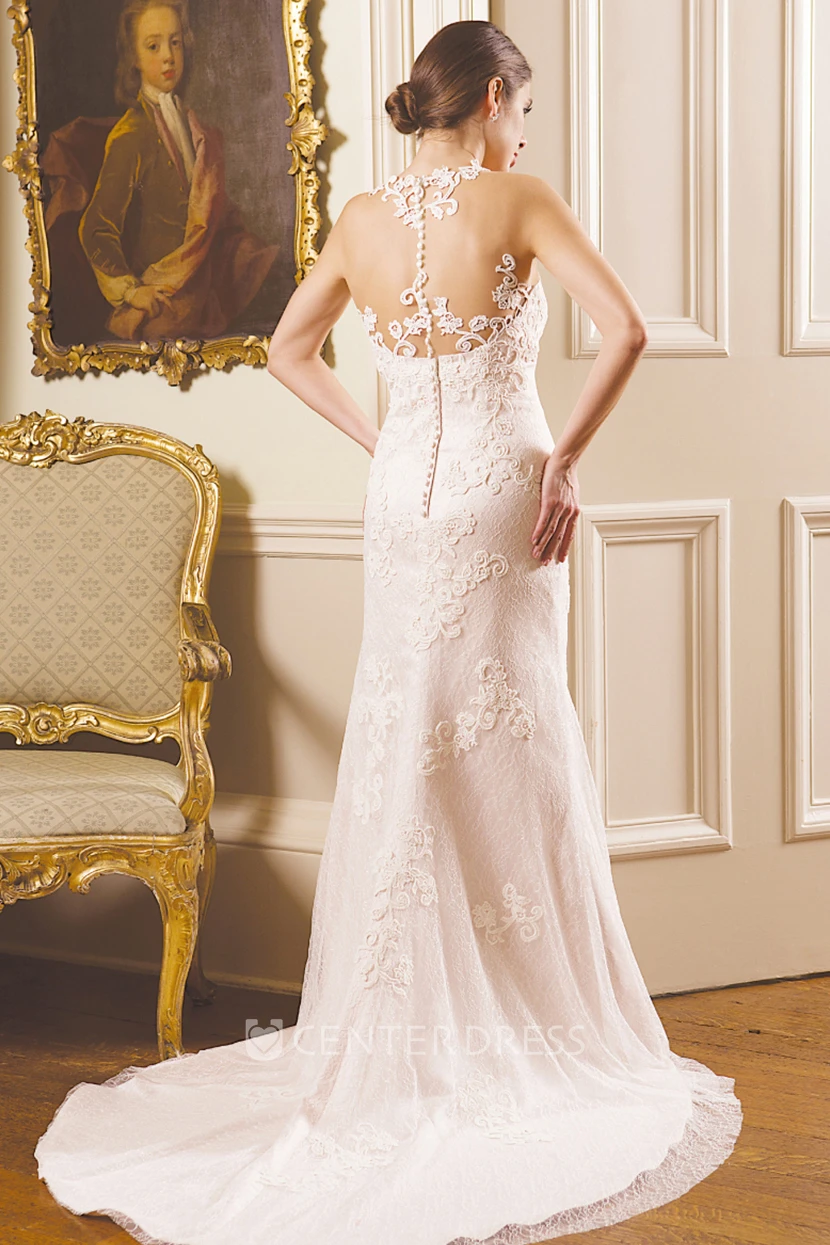 Sheath Sleeveless Appliqued Floor-Length Lace Spring Wedding Dress With Illusion Back And Court Train