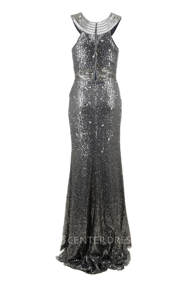 Sheath Scoop-Neck Floor-Length Sleeveless Sequins Prom Dress