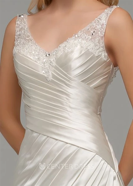 Floor-Length V-Neck Ruched Satin Wedding Dress With Brush Train And Lace Up