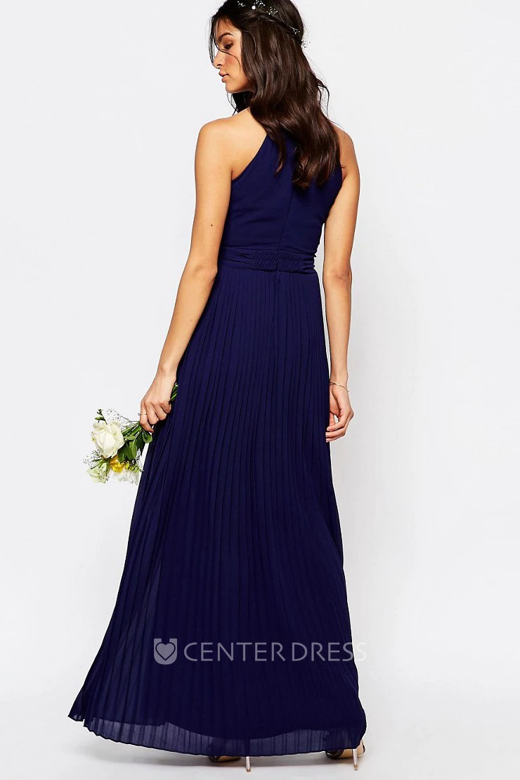 Ankle-Length Sheath High Neck Sleeveless Pleated Chiffon Bridesmaid Dress