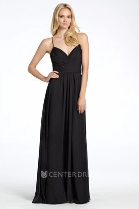 Ruched Sleeveless Spaghetti Chiffon Bridesmaid Dress With Straps