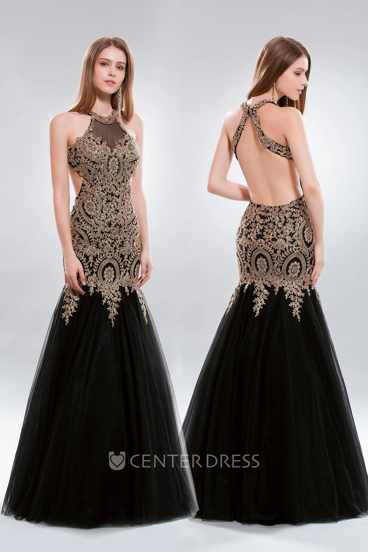 Mermaid Maxi High Neck Sleeveless Tulle Backless Dress With Appliques
