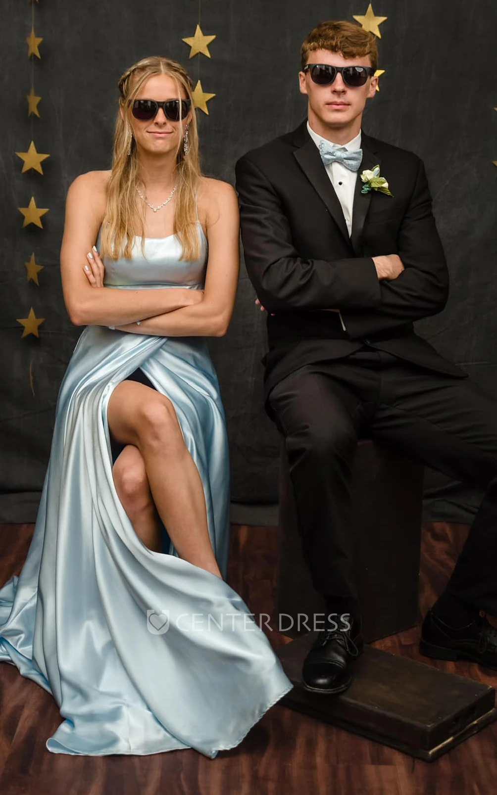 A-Line Satin Off-Shoulder Sleeveless Evening Dress with Split Front and Train Elegant Sexy Dress