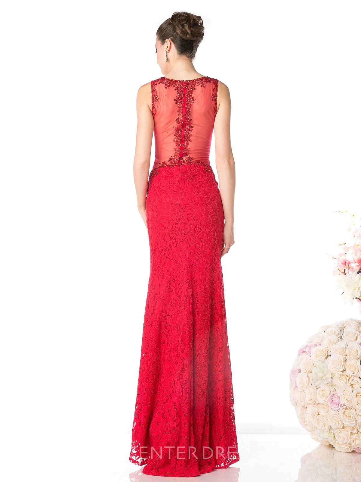 Sheath High-Low Scoop-Neck Sleeveless Lace Illusion Dress With Beading