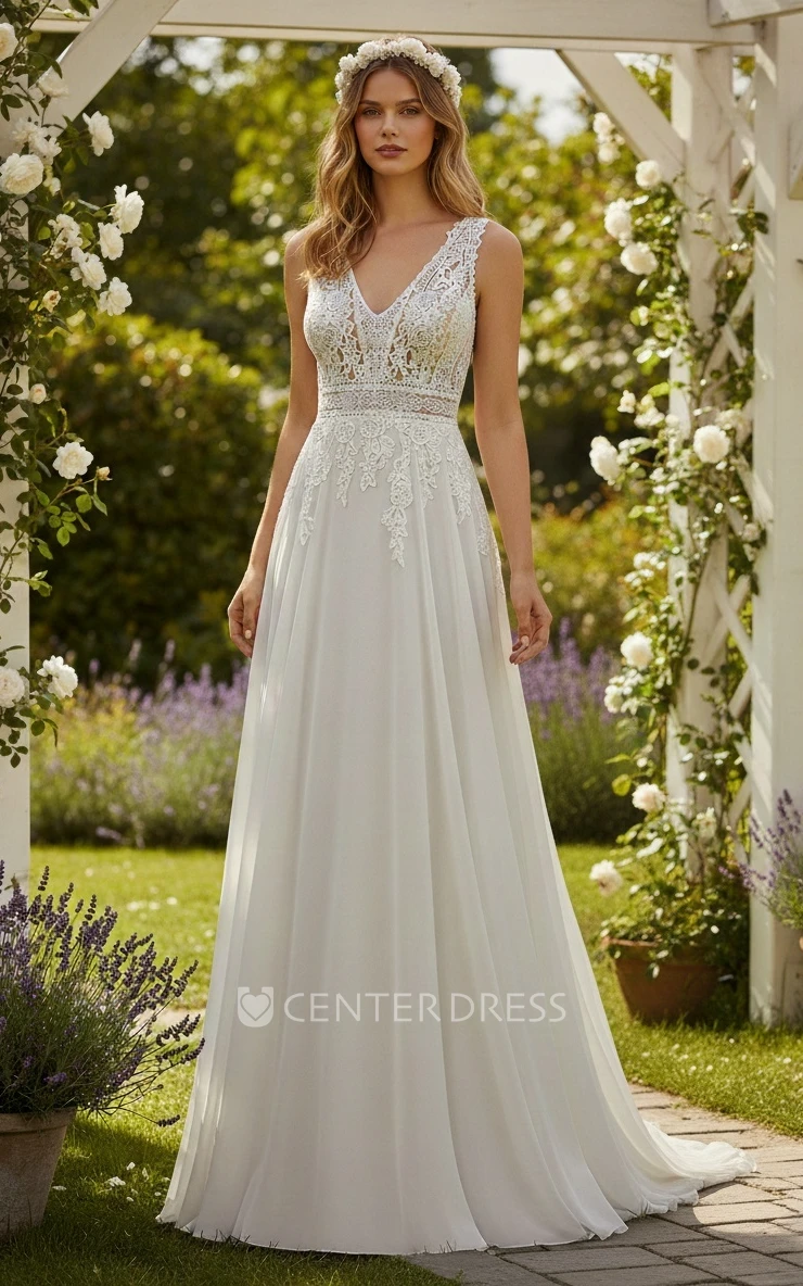 Boho Sleeveless Beach V-neck Flower Lace A-Line Floor-length Spring Wedding Dress with Keyhole Back