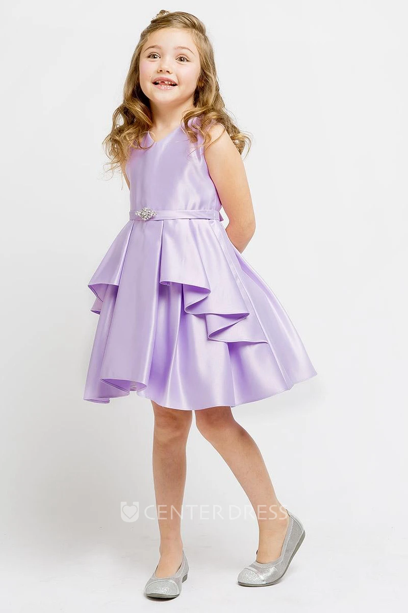 Split Knee-Length Split-Front Beaded Satin Flower Girl Dress With Sash