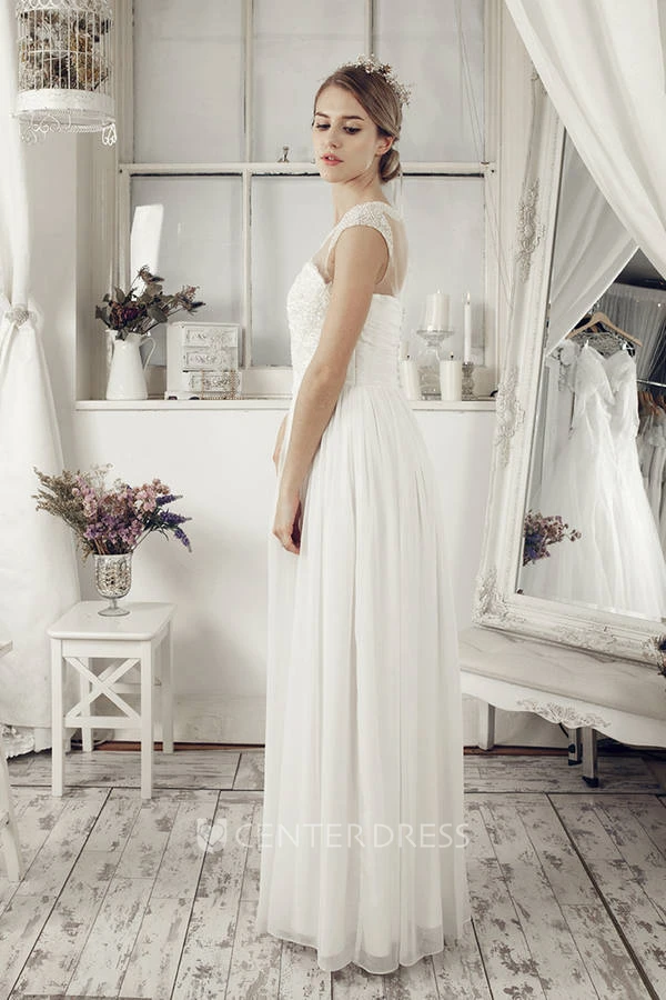 Sheath Floor-Length Cap-Sleeve Scoop-Neck Chiffon Wedding Dress With Beading And Illusion