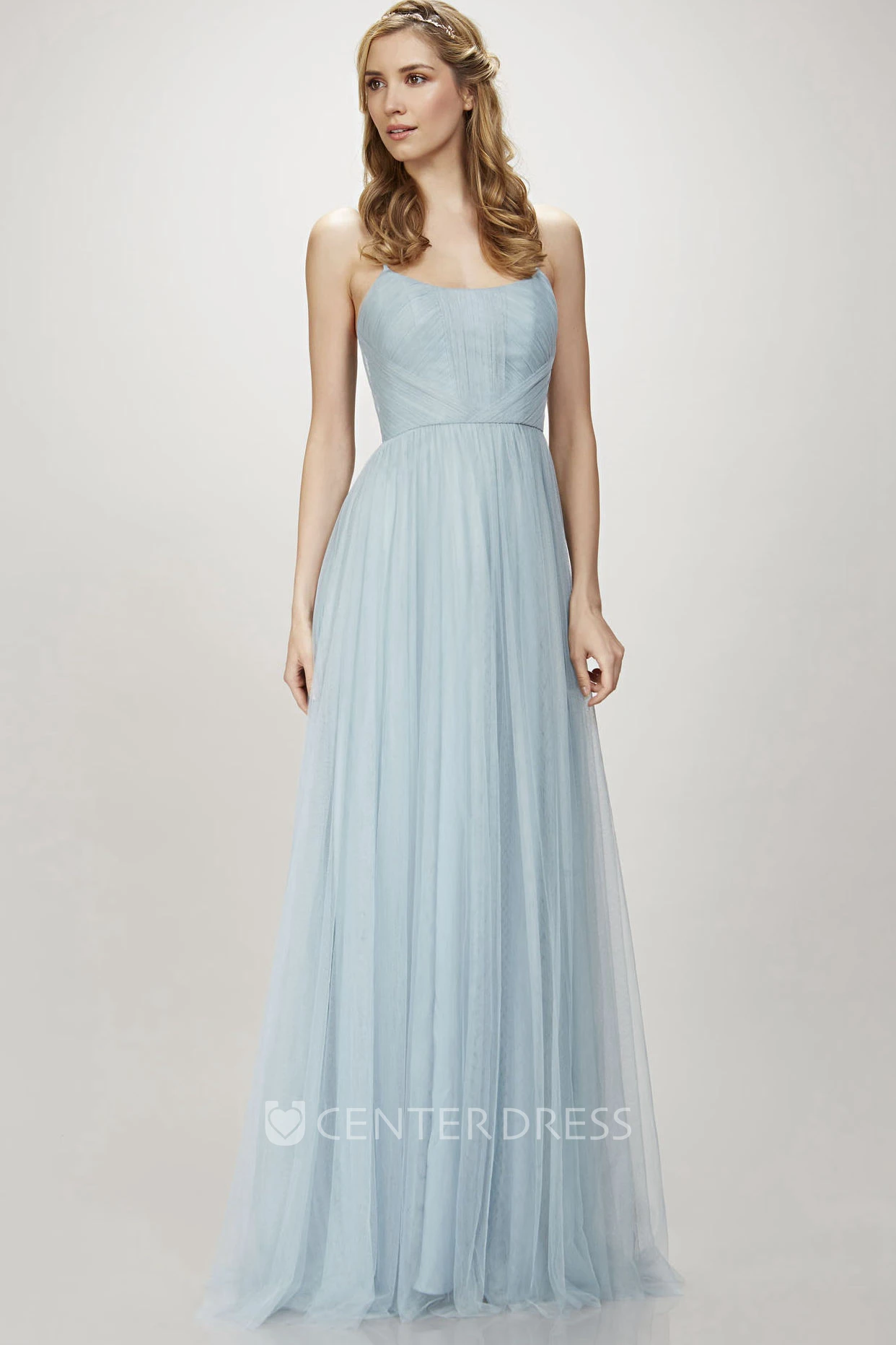 Spaghetti Ruched Sleeveless Tulle Bridesmaid Dress