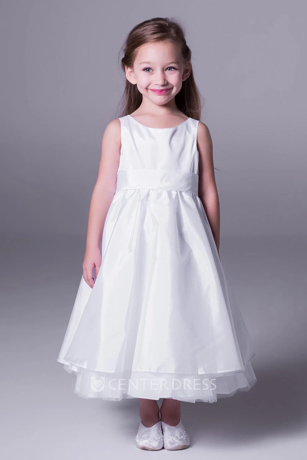 A-Line Sleeveless Scoop-Neck Ankle-Length Satin&Tulle Flower Girl Dress