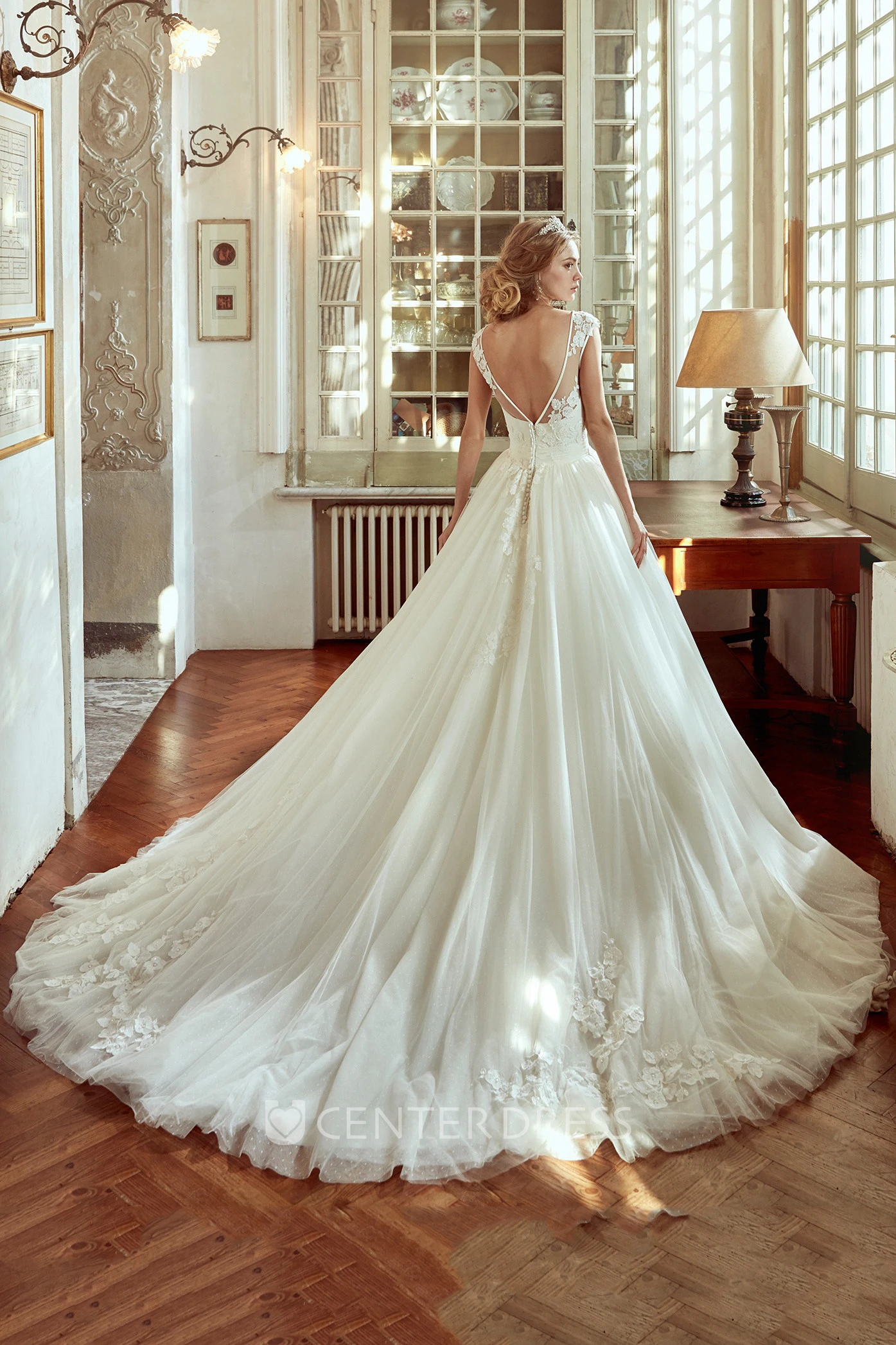 Jewel-Neck Cap-Sleeve A-Line Gown With Lace Appliques And Open Back