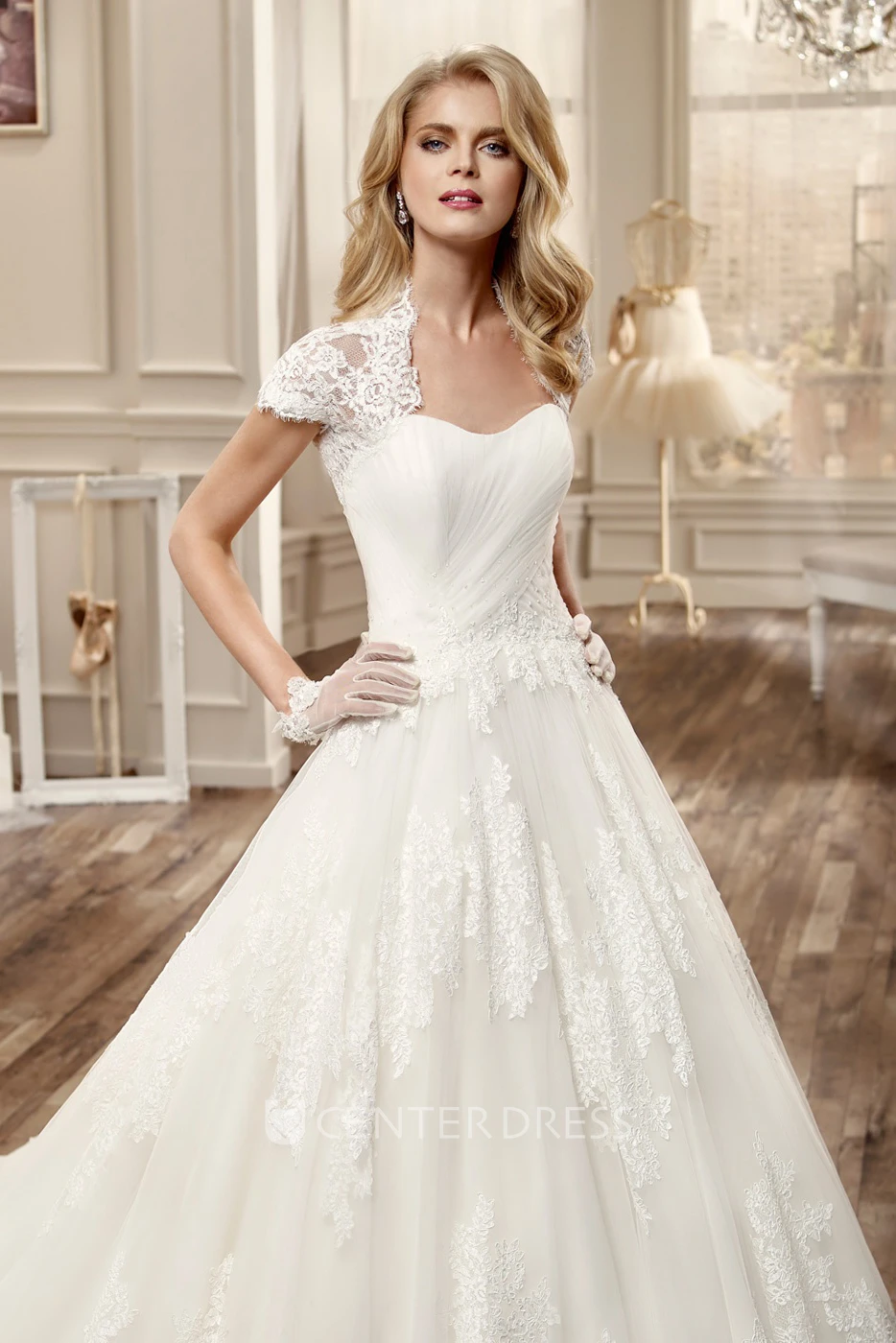Lace-Applique Long Wedding Dress With T-Shirt Sleeve And Brush Train