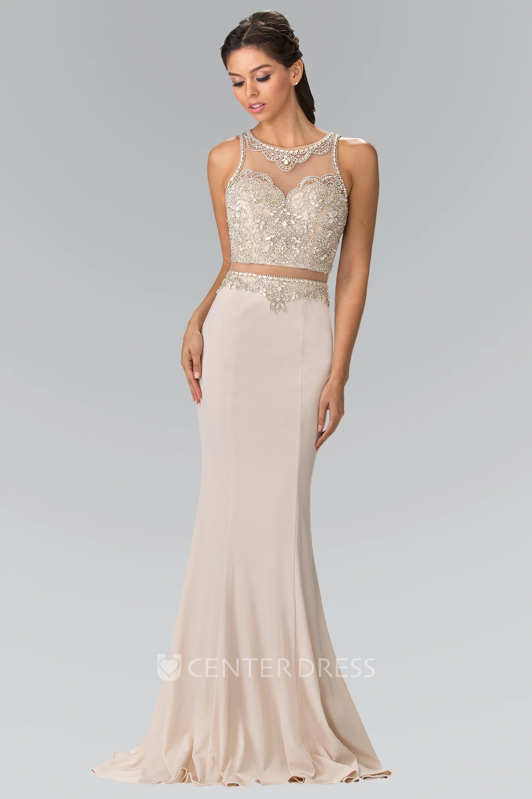 Sheath Scoop-Neck Sleeveless Jersey Illusion Dress With Crystal Detailing