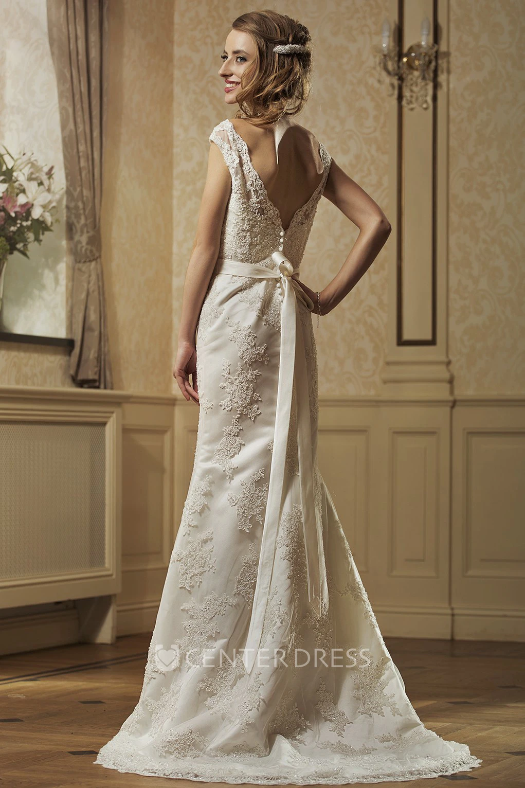 Sheath Cap-Sleeve Bateau-Neck Appliqued Floor-Length Lace Wedding Dress With Waist Jewellery And Bow