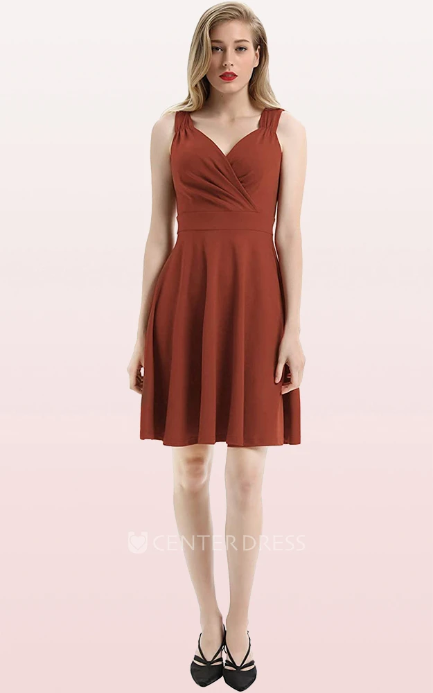Casual Sleeveless A Line Jersey V-neck Prom Cocktail Dress With Ruffles