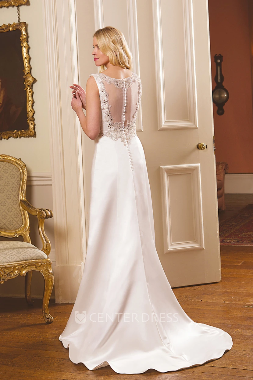 Sheath Beaded Sleeveless Straps Long Satin Winter Wedding Dress With Illusion Back And Waist Jewellery