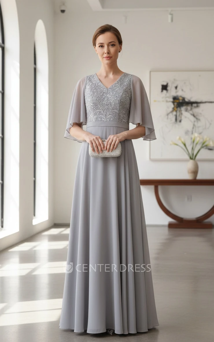 Floor-length A-Line V-neck Appliques Lace Elegant Bat Sleeve Mob Mother of the Bride Dress