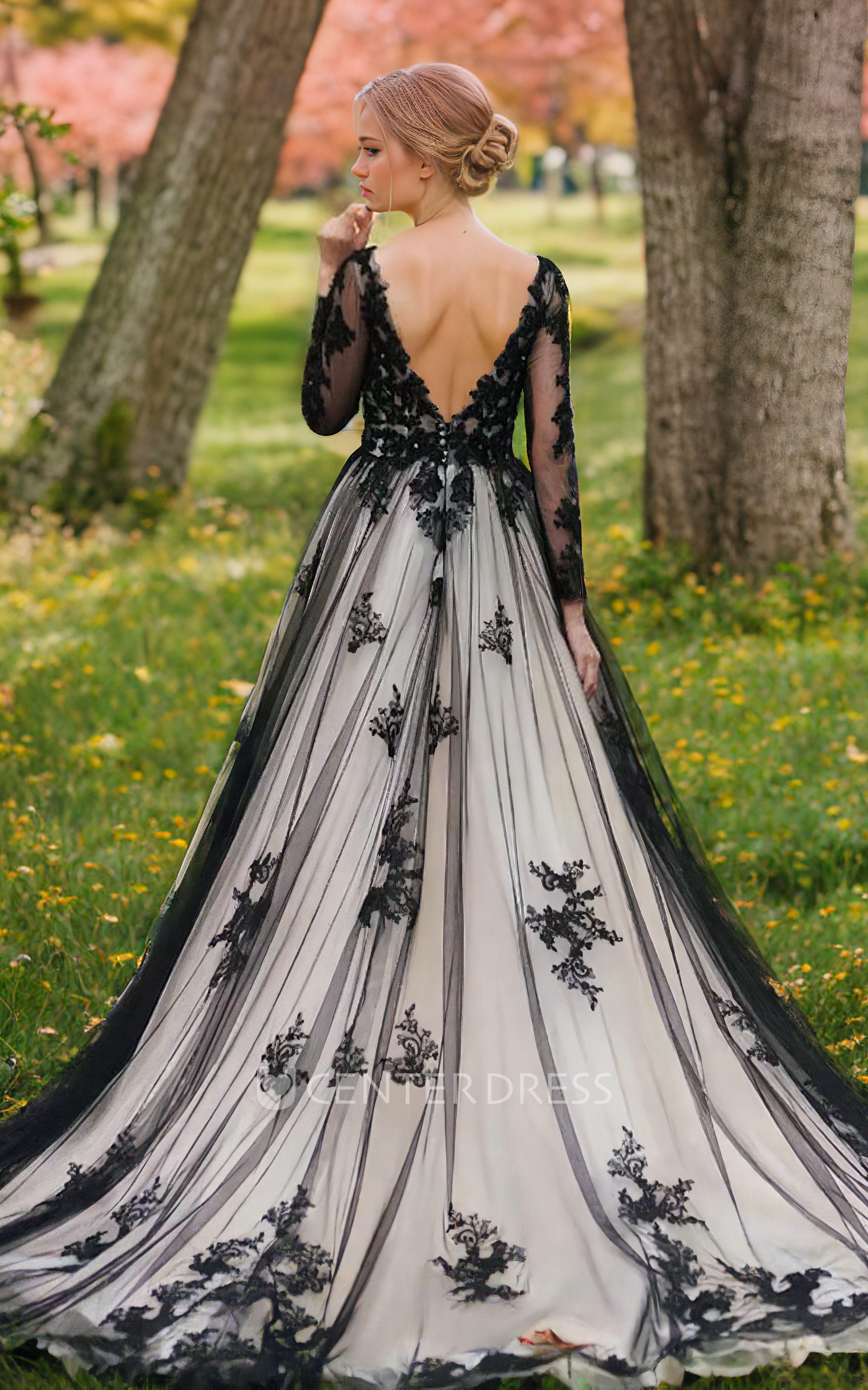 Black Tulle Elegant Long Sleeve Deep V Neck Open Back A line Garden Wedding Gown Court Train with Lace Applique