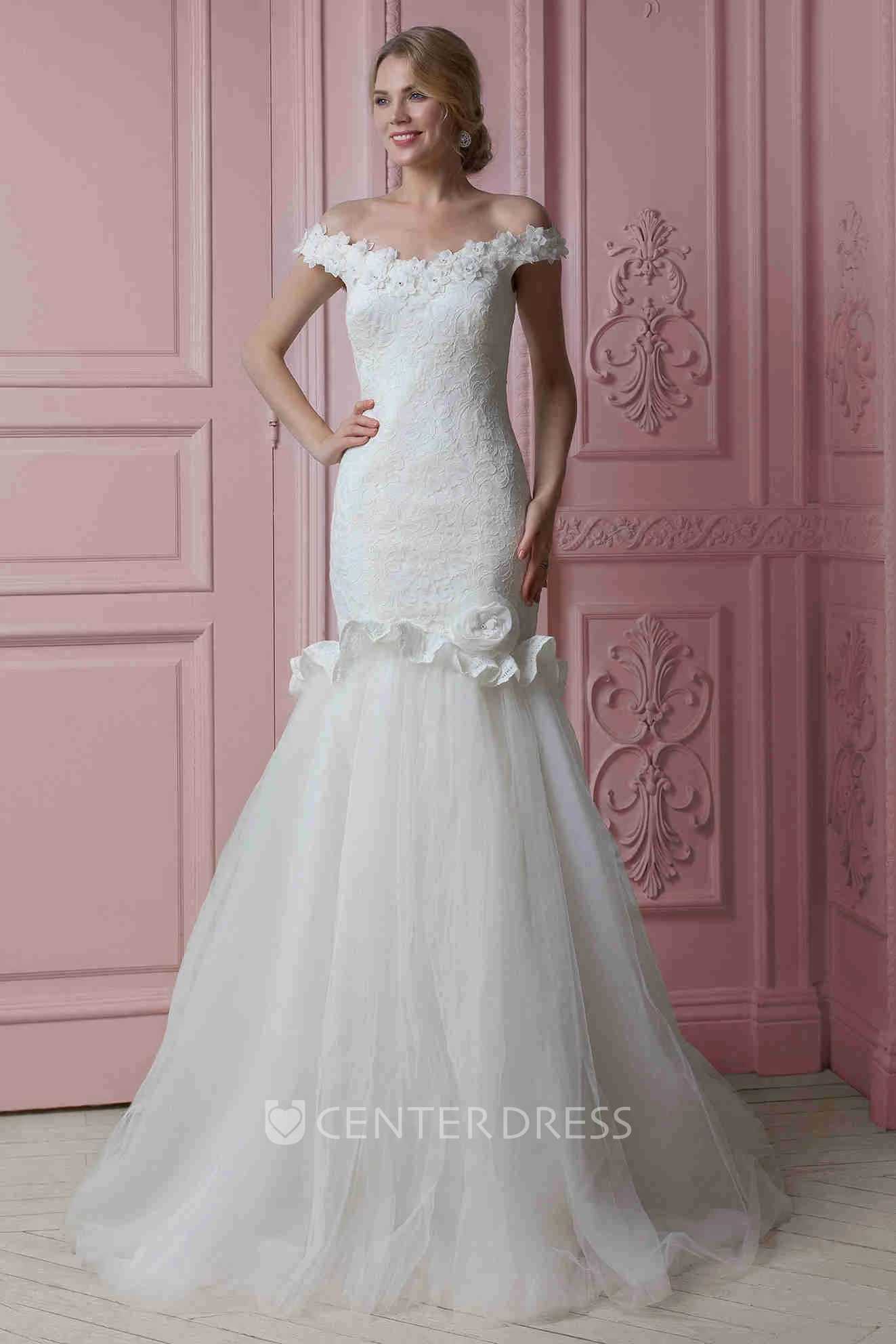 Trumpet Floor-Length Off-The-Shoulder Floral Lace&Tulle Wedding Dress With Ruffles And Appliques