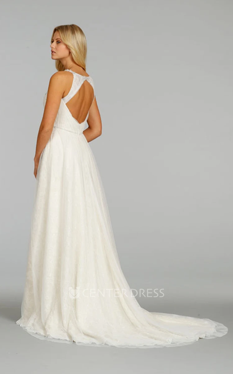 Refined Pleated Bodice Lace Dress With Keyhole Back