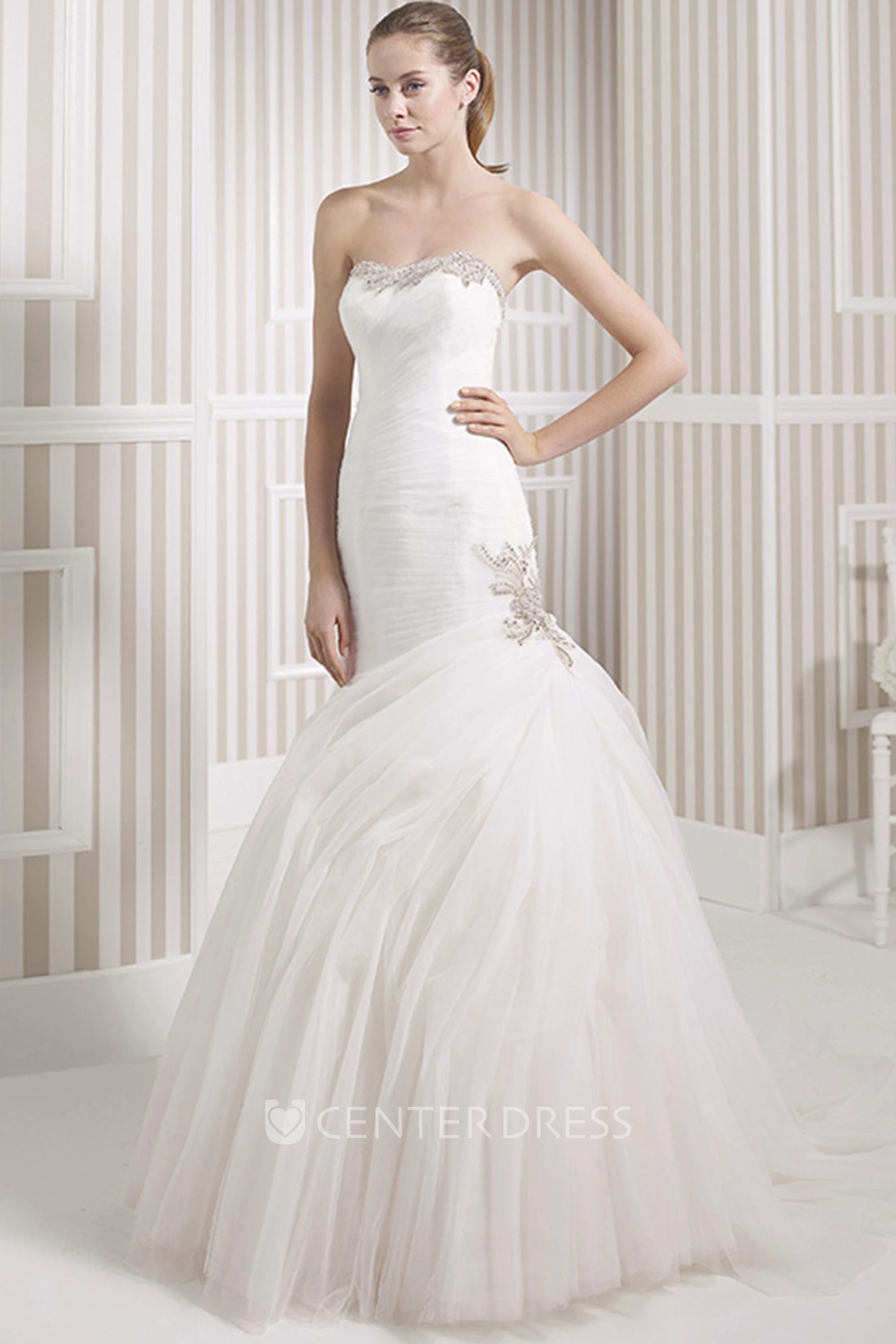 Mermaid Beaded Strapless Tulle Wedding Dress With Ruching