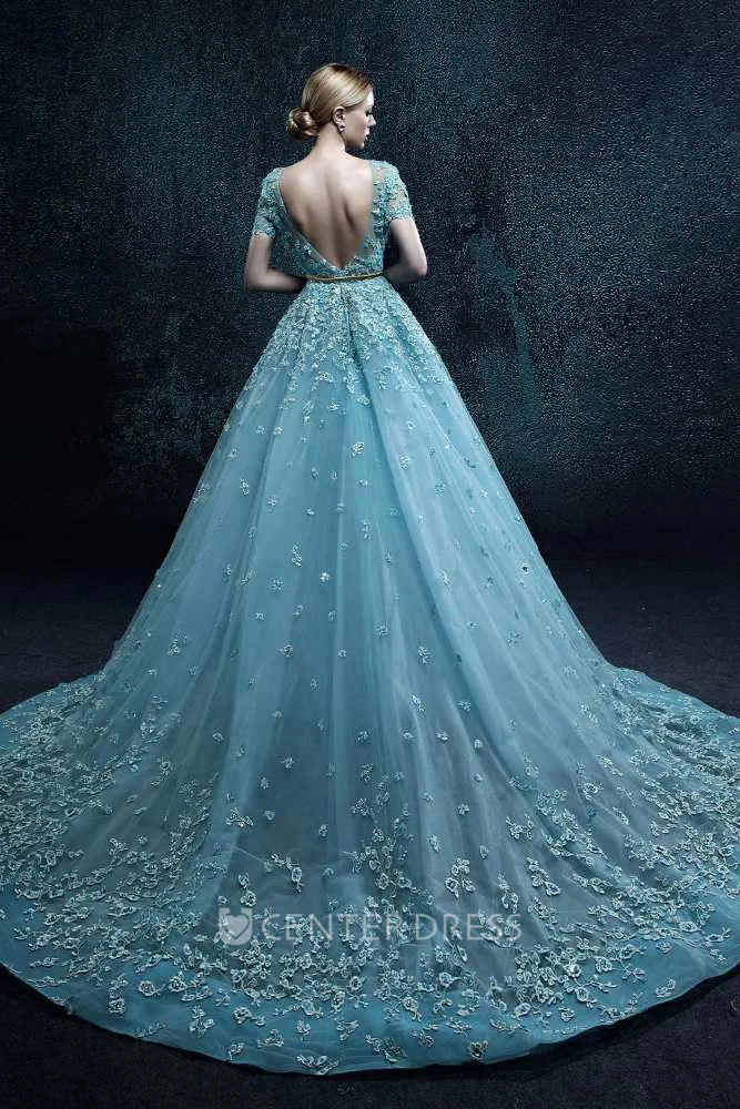 Short Sleeve Bateau Neck Pleated A-line Organza Dress With Flowers