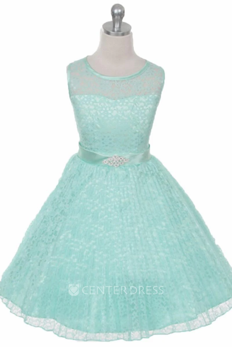 Tea-Length Illusion Pleated Lace&Satin Flower Girl Dress