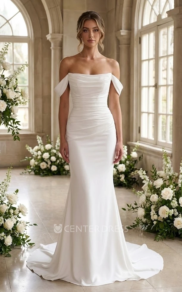 Mermaid Off-The-Shoulder Wedding Dress Sleeveless Elastic Draped Gown